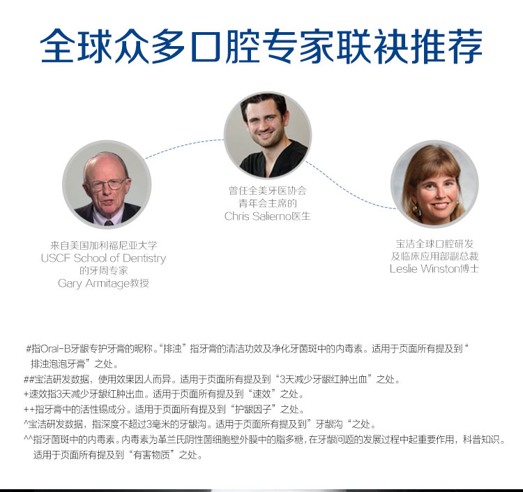 全球众多囗腔专家联袂推荐曾任全美牙医协会青年会主席的hris salierno医生来自美国加利福尼亚大学宝洁全球口腔研发USCF School of Dentistry及临床应用部副总裁的牙周专家Leslie winston博士y Armitage教授#指ra-B牙龈专护牙膏的昵称。“排浊”指牙膏的清洁功效及净化牙菌斑中的内毒素。适用于页面所有提及到“排浊泡泡牙膏”之处。##宝洁研发数据,使用效果因人而异。适用于页面所有提及到“3天减少牙龈红肿出血”之处。+速效指3天减少牙龈红肿出血。适用于页面所有提及到“速效”之处++指牙膏中的活性锡成分。适用于页面所有提及到“护龈因子”之处^宝洁硏发数据,指深度不超过3毫米的牙龈沟。适用于页面所有提及到”牙龈沟“之处。指牙茵斑中的內毒素。内毒素为革兰氏阴性菌细孢壁外膜中的脂多糖,在牙龈问题的发展过程中起車要作用,科普知识。于页面所有提及到“有害物质”之处-推好价 | 品质生活 精选好价