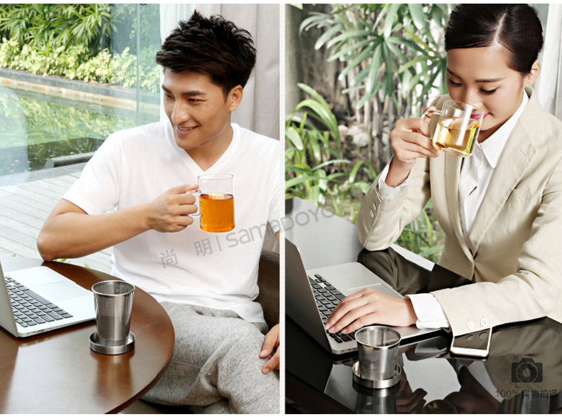 【618同价】尚明耐热玻璃杯 不锈钢过滤带盖泡茶杯 隔热玻璃茶杯 带把办公水杯 透明把柄500毫升