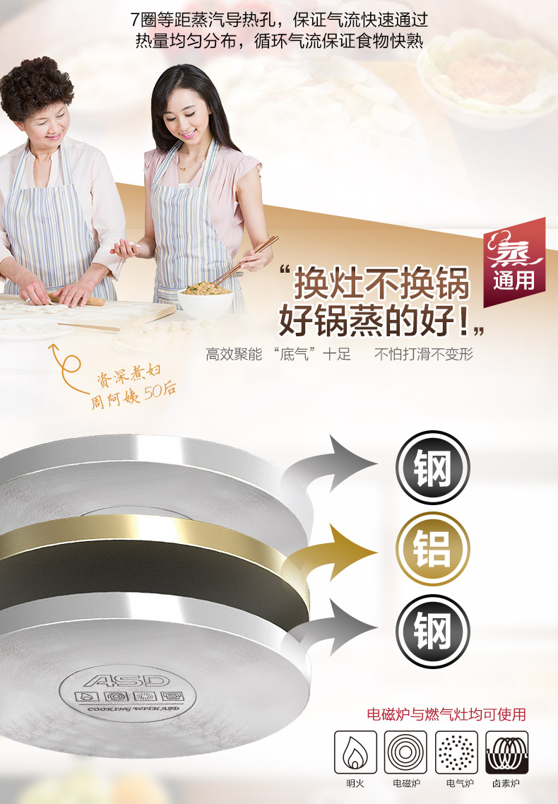 爱仕达蒸锅ASD 26CM复合底不锈钢蒸锅 三层蒸锅锅具WK1526 带蒸笼蒸屉