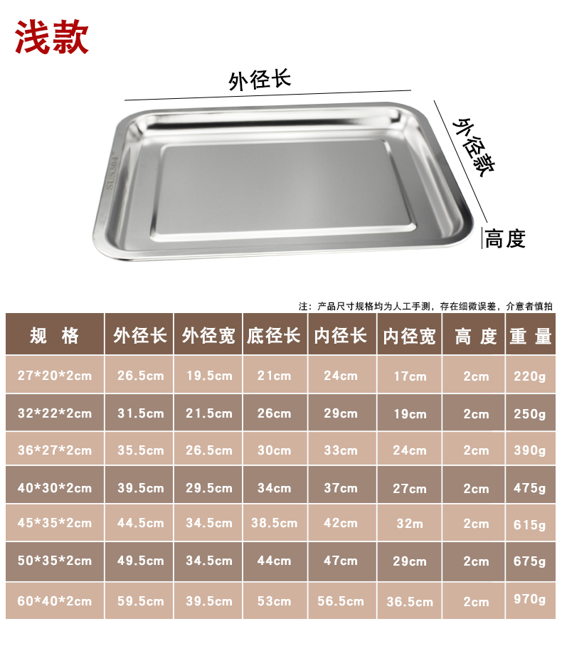 加厚304不锈钢托盘长方形蒸肠粉蒸饭方盘饺子盘子 深盘40×30×4.