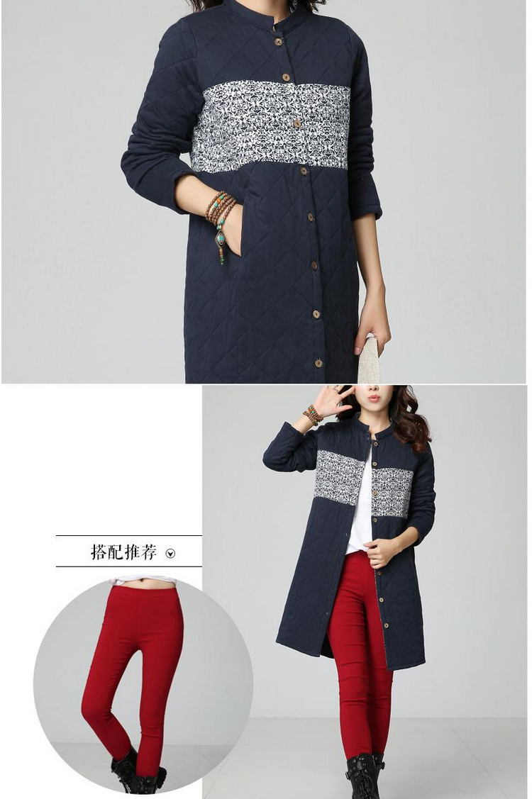 女人镜 2015冬装新款夹棉中长款大码棉衣宽松休闲风衣#N3062 藏青色 L