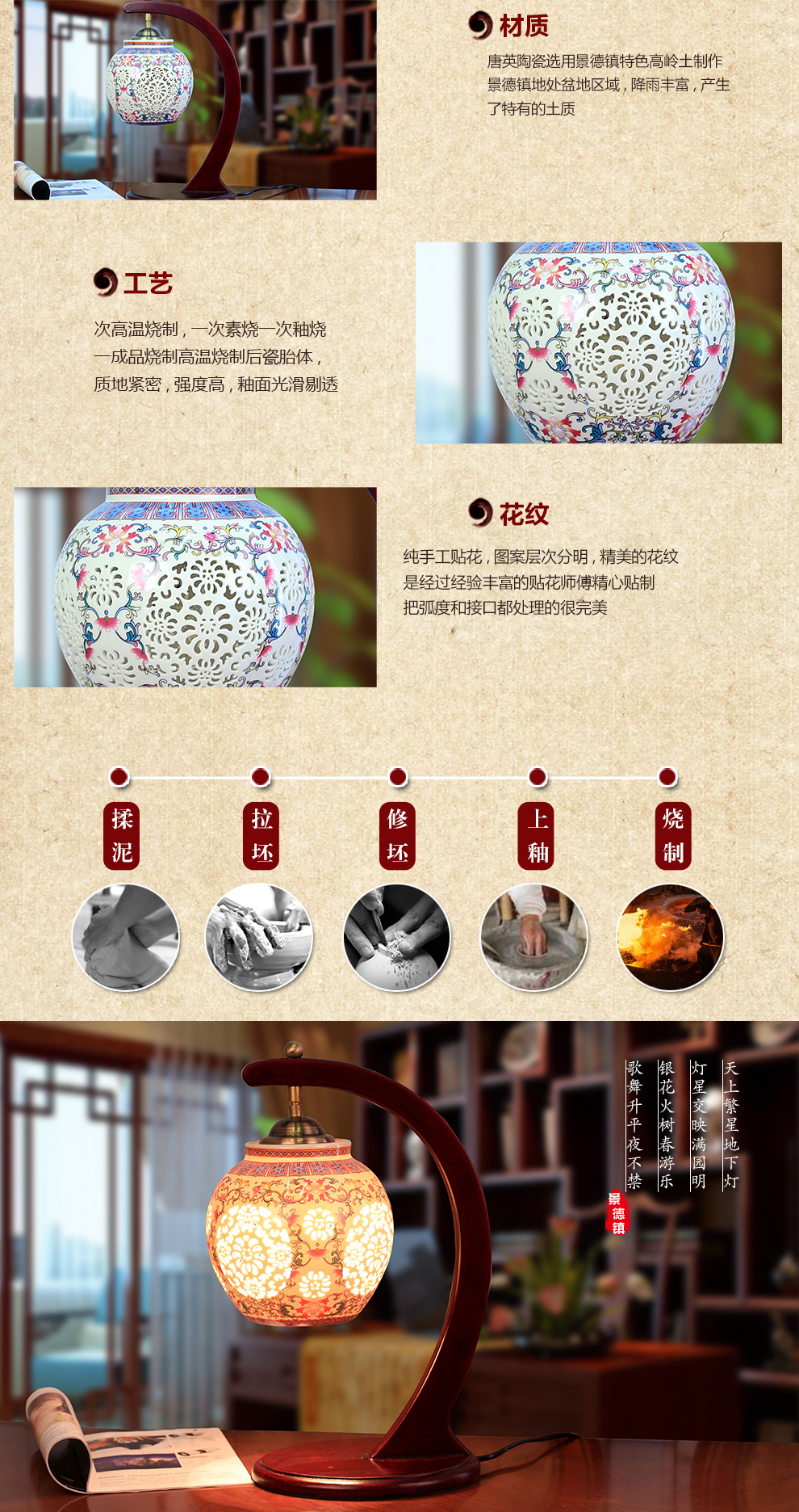 青花陶瓷装饰台灯卧室床头灯具中式喜庆灯饰送LED光源景德镇 唐英 B款 花韵之青