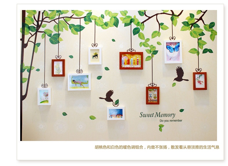 吉朵芸 绿林飞鸟 实木照片墙相框墙简约创意田园墙贴相片墙 9框 客厅沙发电视背景墙贴  五色混搭+灵动画心