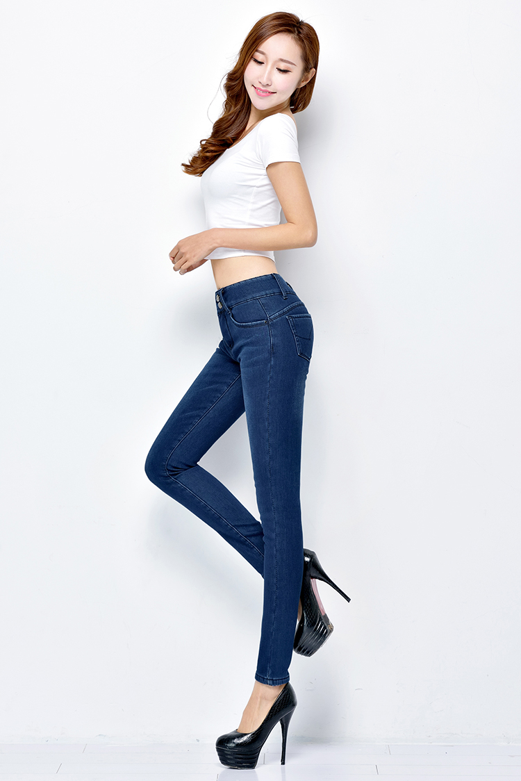 花孜语2015秋冬季新款加厚保暖牛仔裤女韩版修身显瘦铅笔裤CK55040  深蓝色 32码