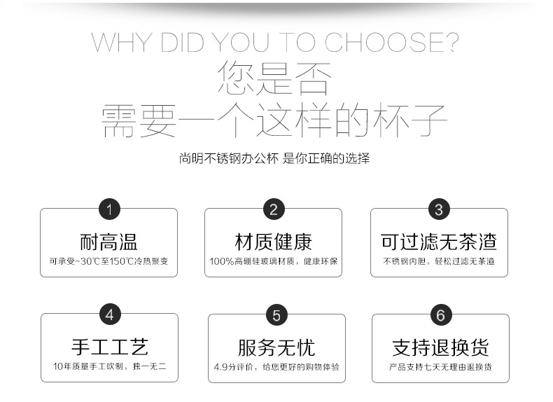 【618同价】尚明耐热玻璃杯 不锈钢过滤带盖泡茶杯 隔热玻璃茶杯 带把办公水杯 透明把柄500毫升