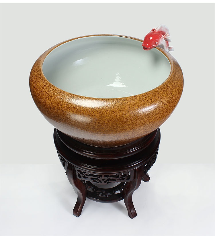 
                                        养荷花 水箱族包邮 景德镇陶瓷金鱼缸  手绘清荷过滤喷水风水乌龟缸 榆木底座风水摆件 D款                