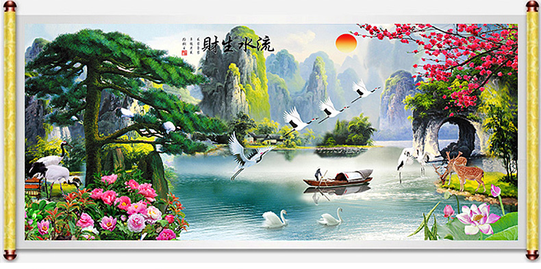 织巢鸟5D钻石画圆钻方钻满钻砖石绣贴钻画钻石十字绣流水生财客厅风景新款大幅画迎客松山水画 5D圆钻贴局部 180*76cm