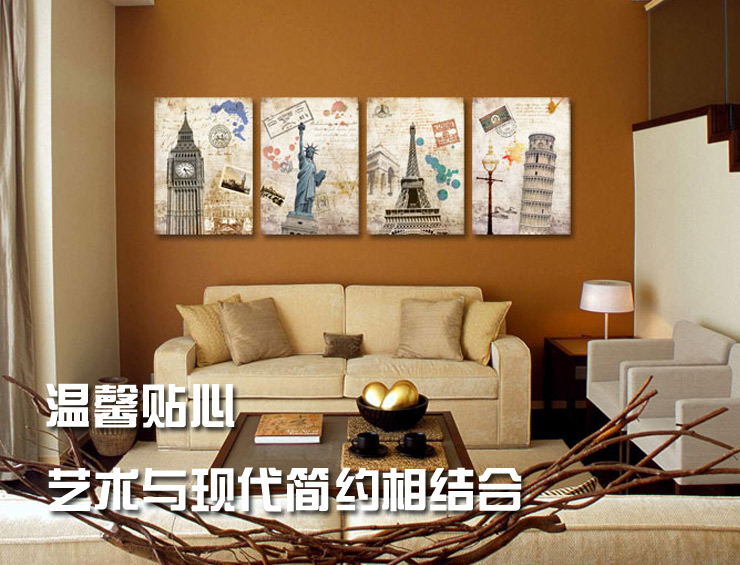 
                                        必画 中画家居 建筑无框画餐厅装饰画客厅现卧室壁画咖啡厅酒吧墙画挂画复古无框画四联幅 一套四幅 9mm厚布纹膜 40*60cm                