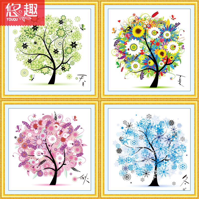 
                                        悠趣 四季发财树 春夏秋冬 四联画 精准印花十字绣 5D钻石画贴钻 客厅装饰画 餐厅挂画 (钻石画圆钻款 - 炫彩秋)48*48cm                