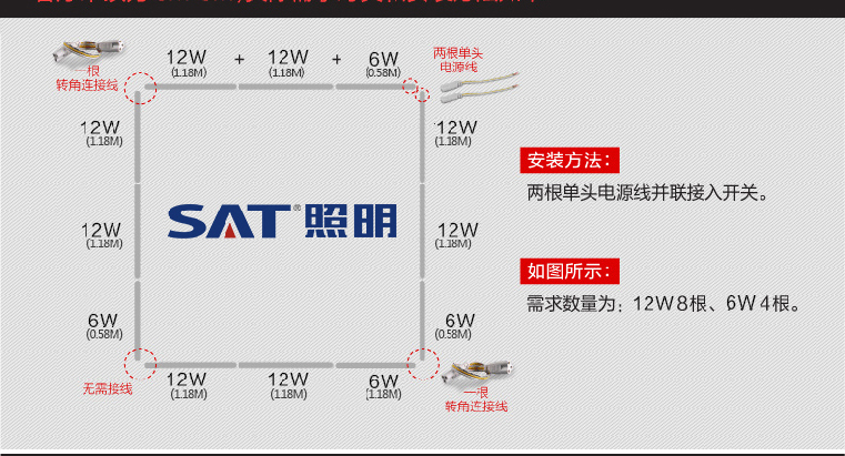 SAT照明T5支架led暗槽灯一体化无暗区节能支架灯具全套超亮日光灯无极调温调光1.2米 无极调色款 12W1200mm长6000K正白光
