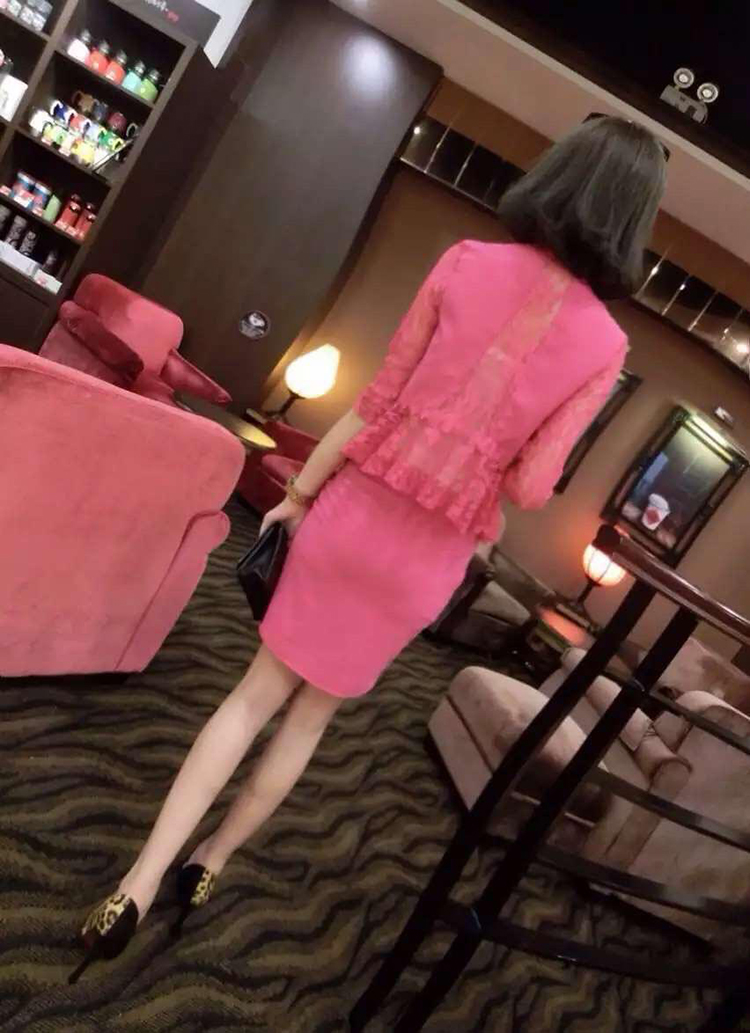 钰兮2015欧洲站新秋装新款名媛气质蕾丝拼接西服+包臀裙子8730# 黑色   S