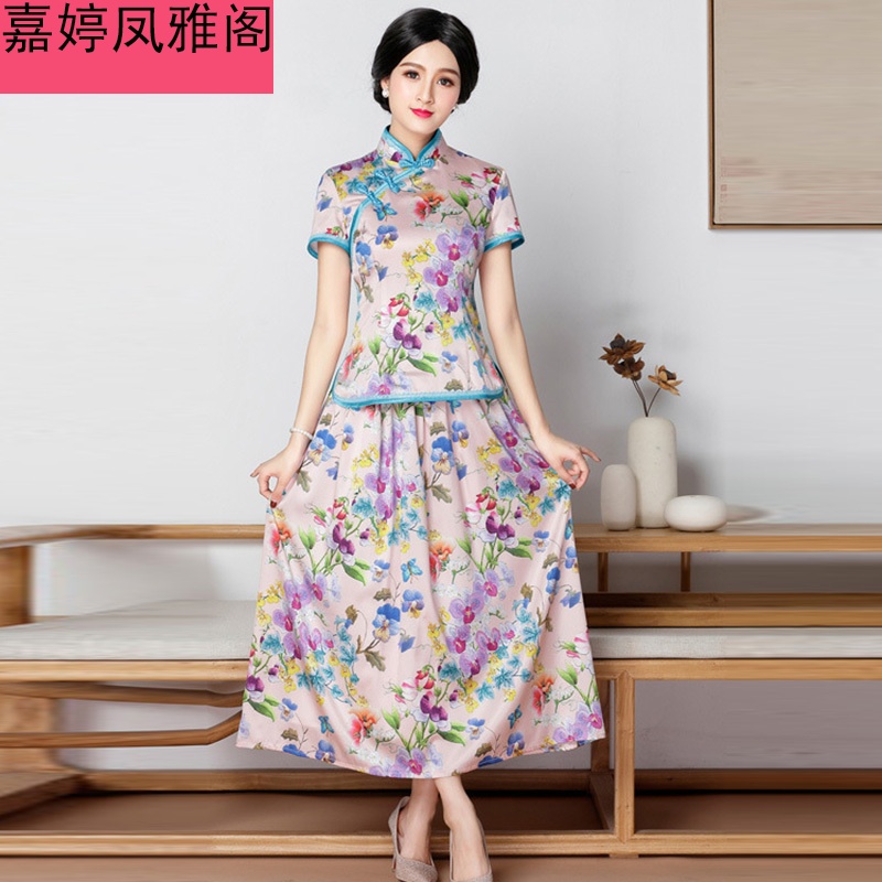 唐装女套装七分袖真丝旗袍两件套夏装新款中国风高档时尚复古定制