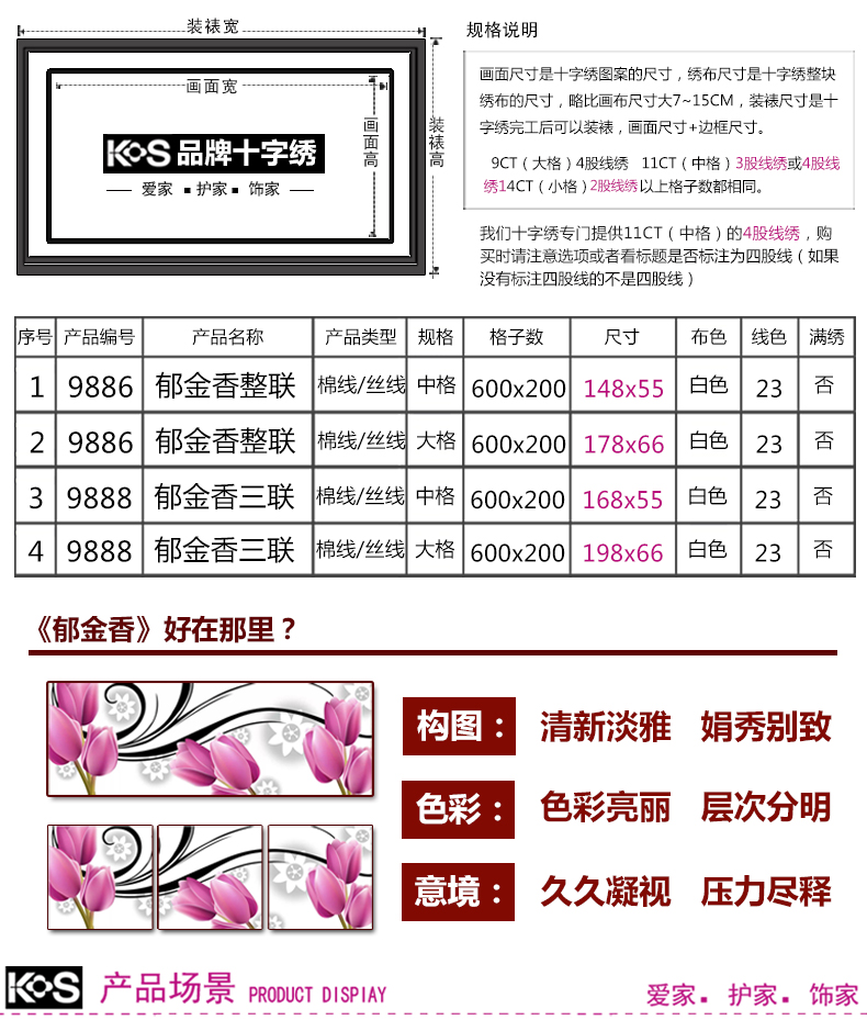 
                                                            KS十字绣客厅新款大画花开富贵郁金香整联23色卧室大幅花草现代简约十字绣 【长绒棉线】9886中格148x55CM【用三股绣                