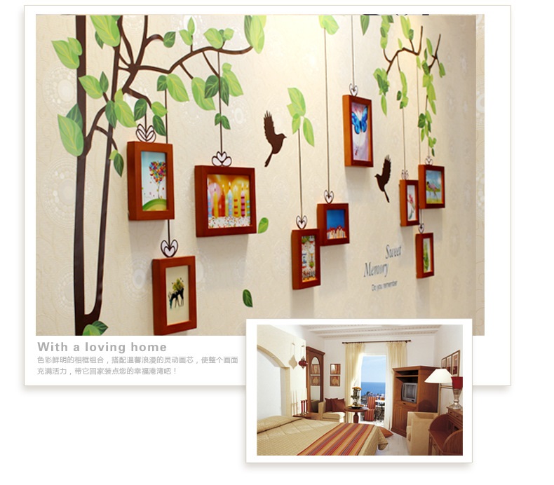吉朵芸 绿林飞鸟 实木照片墙相框墙简约创意田园墙贴相片墙 9框 客厅沙发电视背景墙贴  五色混搭+灵动画心