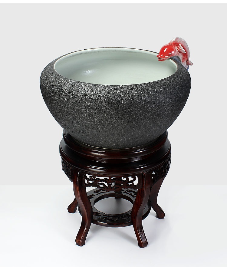 
                                        养荷花 水箱族包邮 景德镇陶瓷金鱼缸  手绘清荷过滤喷水风水乌龟缸 榆木底座风水摆件 D款                