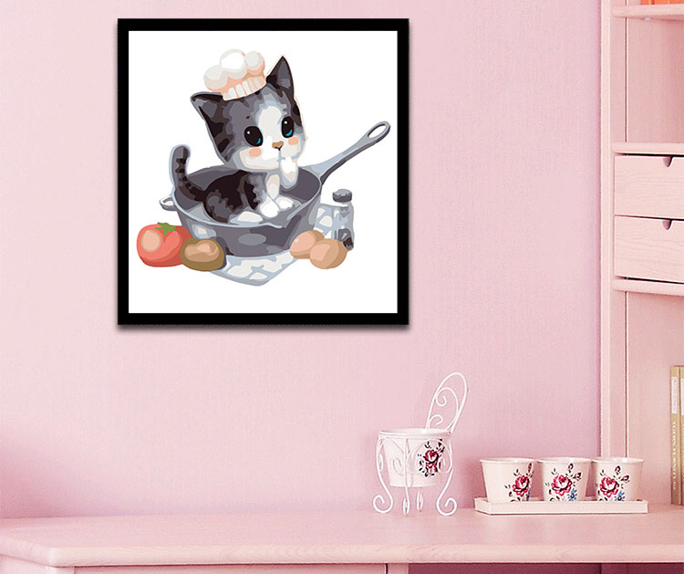 简约现代diy数字油画动漫卡通动物儿童手绘填色装饰画可爱茶杯猫油彩