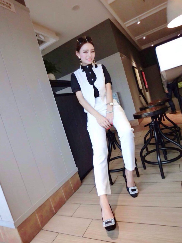 布咪朵2015新款女装时尚修身马甲高腰长裤套装1349T443B 黑色 S