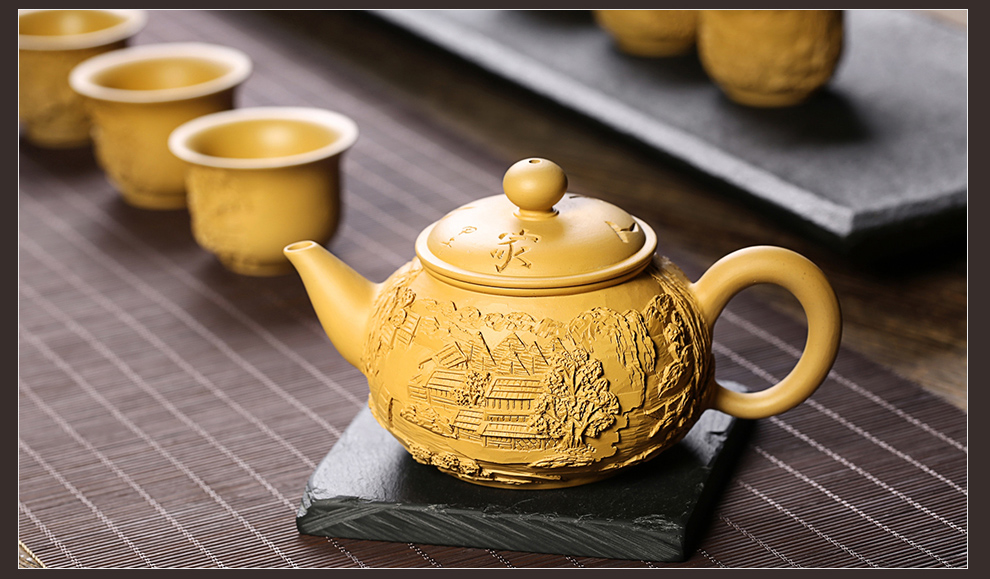 
                                        尊壶 茶具套装紫砂壶整套茶具功夫茶具套装宜兴原矿浮雕山水紫砂茶壶礼盒装 朱泥套装                