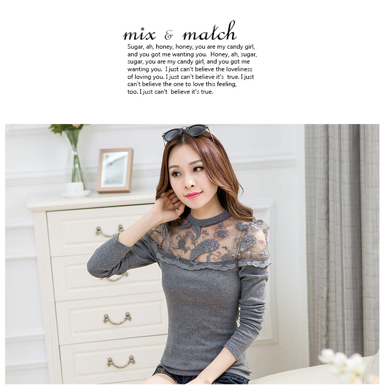 谜芙（MIFU）2015秋冬女装新款蕾丝拼接T恤修身长袖针织打底衫毛衣 灰色 XL