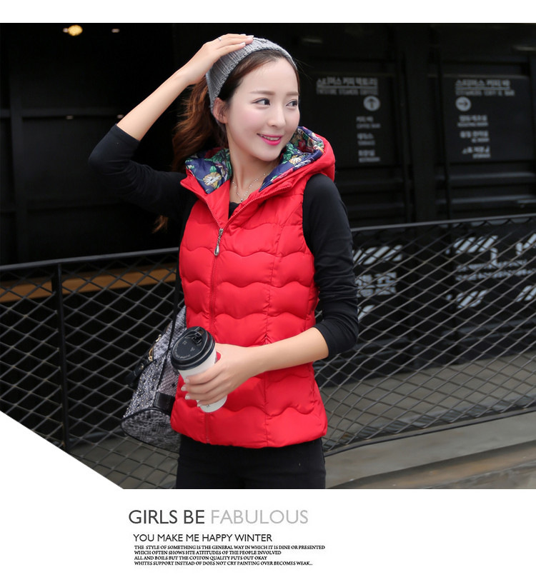 YN2015秋冬新款韩版印花短款羽绒服女马甲轻薄立领连帽背心羽绒棉外套 红色 XL