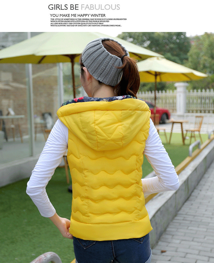 YN2015秋冬新款韩版印花短款羽绒服女马甲轻薄立领连帽背心羽绒棉外套 红色 XL
