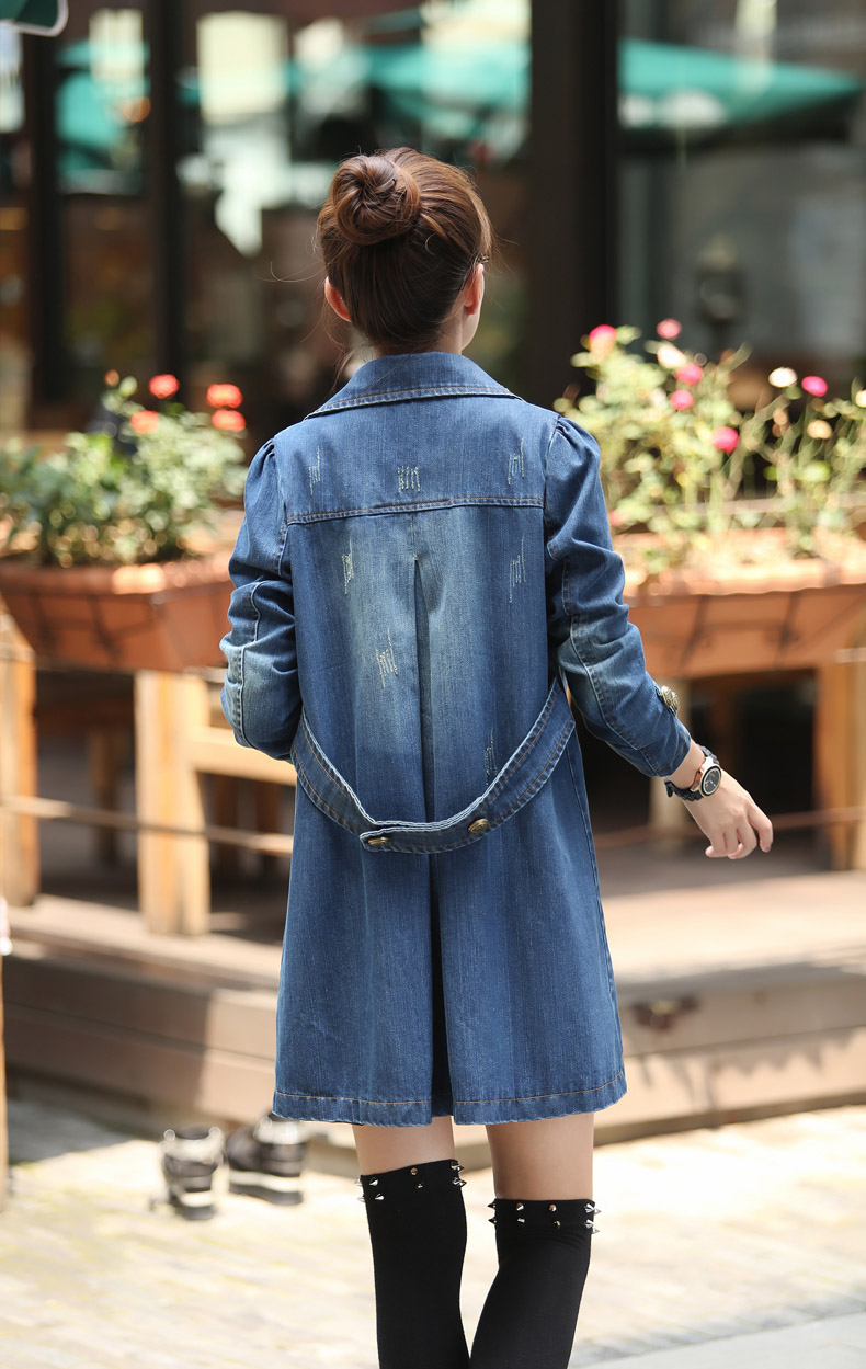 2015秋女装新款牛仔外套休闲双排扣牛仔中长风衣外套女 牛仔兰 XL