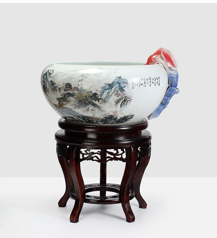 
                                        养荷花 水箱族包邮 景德镇陶瓷金鱼缸  手绘清荷过滤喷水风水乌龟缸 榆木底座风水摆件 D款                
