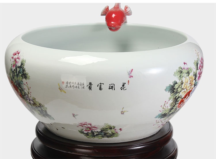 
                                        养荷花 水箱族包邮 景德镇陶瓷金鱼缸  手绘清荷过滤喷水风水乌龟缸 榆木底座风水摆件 D款                
