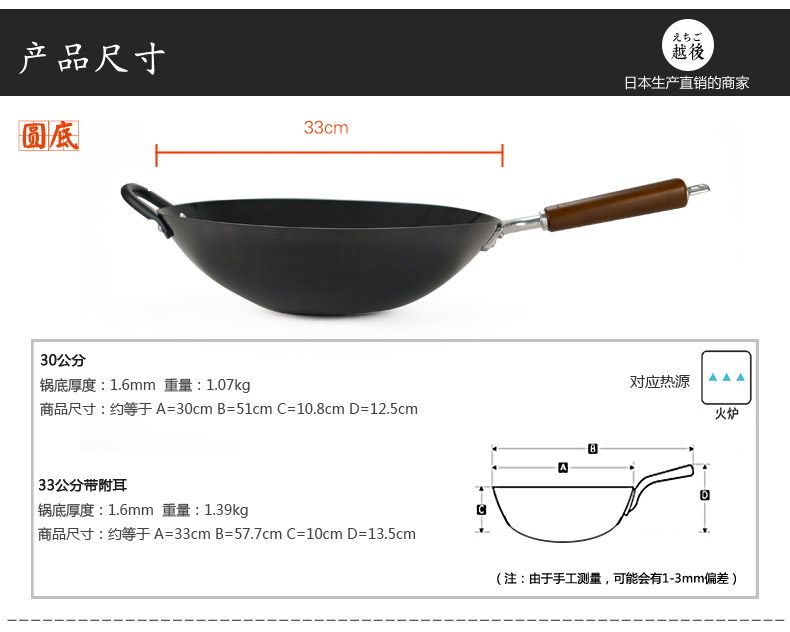 越后 厚板熟铁锅 日本原装进口炒锅不粘锅 无涂层单柄平底锅/圆底锅炒菜锅 燃气电磁炉通用 圆底 30cm  底厚1.6mm