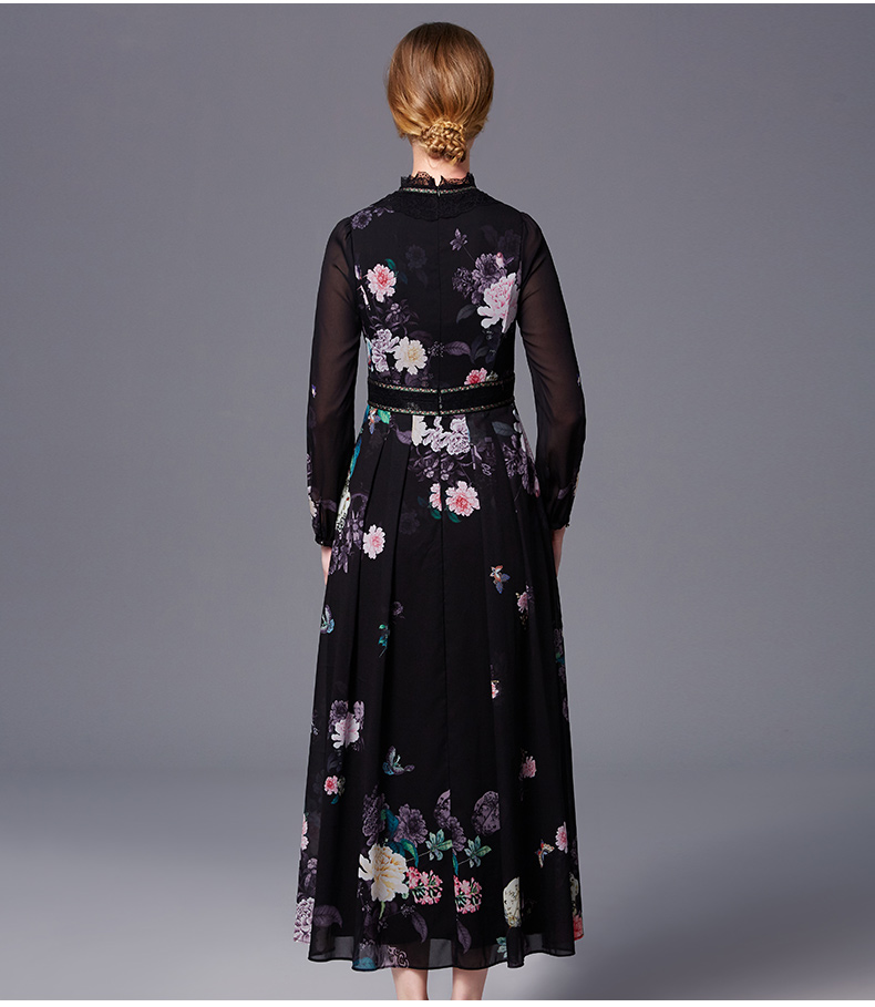 sussi/古色 18春季新品 黑底v型花边领女装连衣裙 28173060 黑色 160