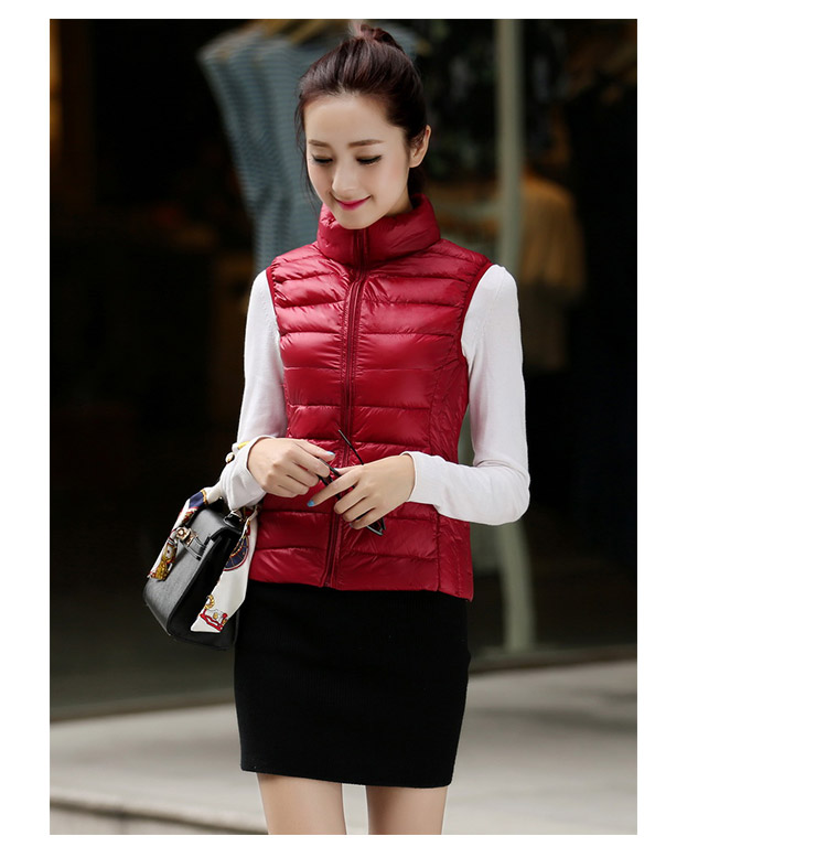 乔媞2015新款无袖羽绒服女轻薄马甲立领简约 修身显瘦背心时尚百搭加大码外套 酒红色 XL