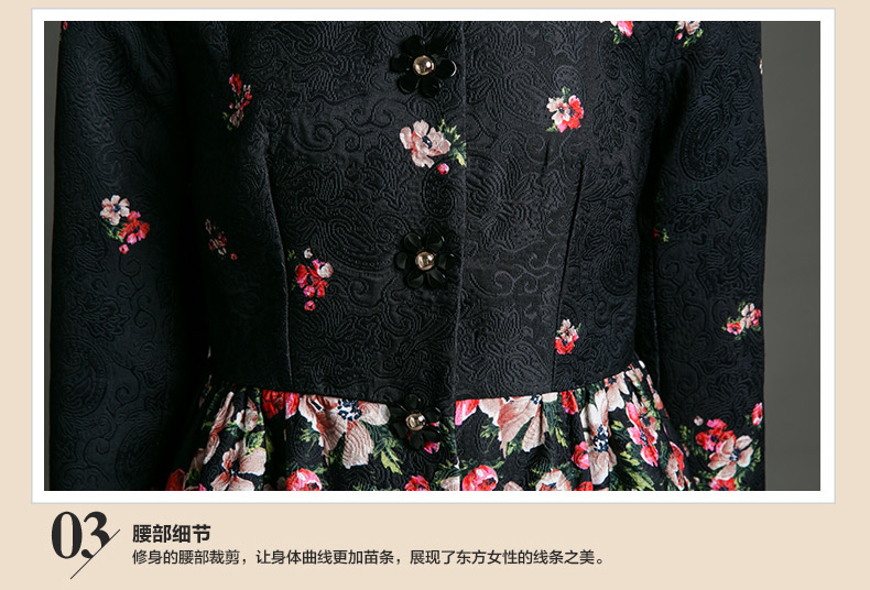 唐朝2015秋冬新款民族时尚碎花单排扣中长款风衣外套女装TQY42026 黑底木茉莉 L
