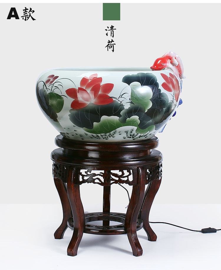 
                                        养荷花 水箱族包邮 景德镇陶瓷金鱼缸  手绘清荷过滤喷水风水乌龟缸 榆木底座风水摆件 D款                
