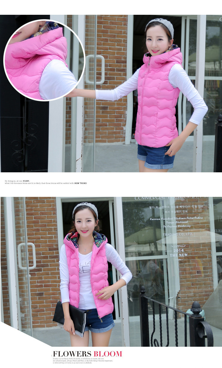 YN2015秋冬新款韩版印花短款羽绒服女马甲轻薄立领连帽背心羽绒棉外套 红色 XL