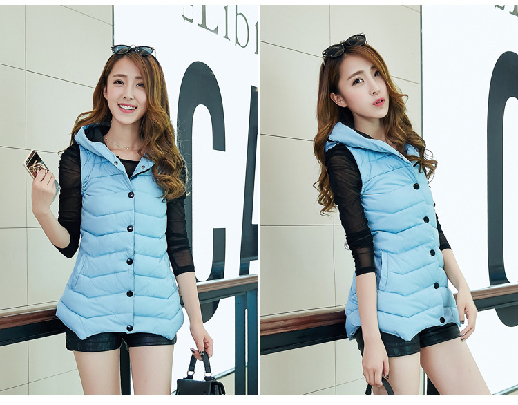 魁莉    2015新款韩版修身长款连帽羽绒棉服女马甲L888 黑色 M