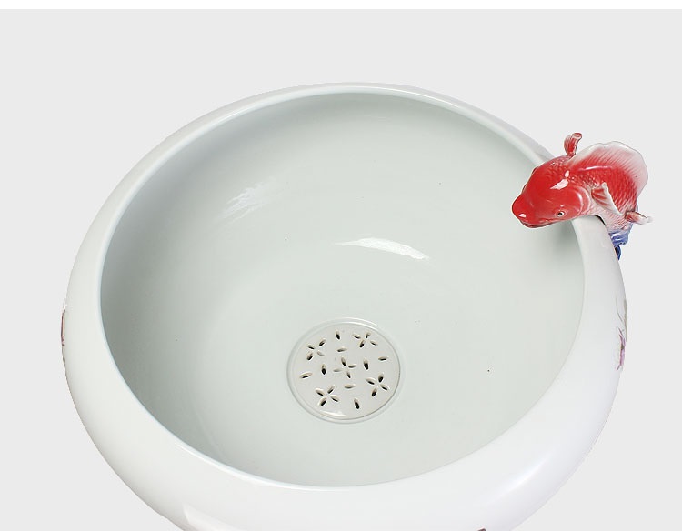 
                                        养荷花 水箱族包邮 景德镇陶瓷金鱼缸  手绘清荷过滤喷水风水乌龟缸 榆木底座风水摆件 D款                