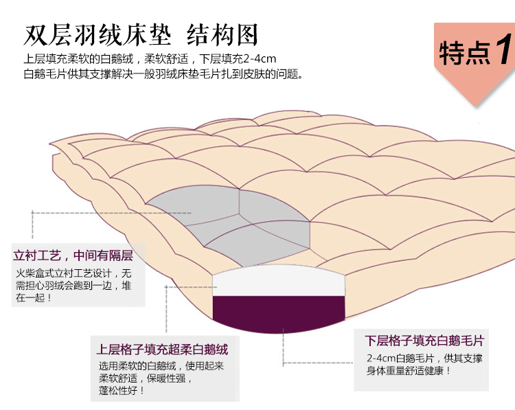 
                                        吾家元素95%白鹅绒双层加厚柔软保暖羽绒床垫 可折叠五星级酒店舒适床褥垫被子 5公分双层中垫 180*200cm                