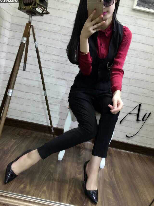 布咪朵2015新款女装时尚修身马甲高腰长裤套装1349T443B 黑色 S