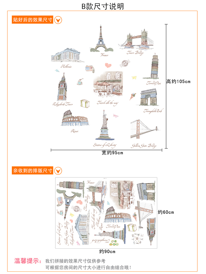 乐宅  欧式浪漫风格墙贴画 客厅卧室床头平面布置可移除装饰贴纸 欧洲游 A款-欧洲游相框贴