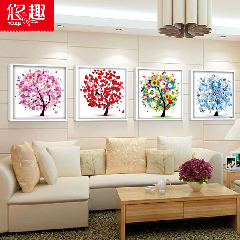 
                                        悠趣 四季发财树 春夏秋冬 四联画 精准印花十字绣 5D钻石画贴钻 客厅装饰画 餐厅挂画 (钻石画圆钻款 - 炫彩秋)48*48cm                