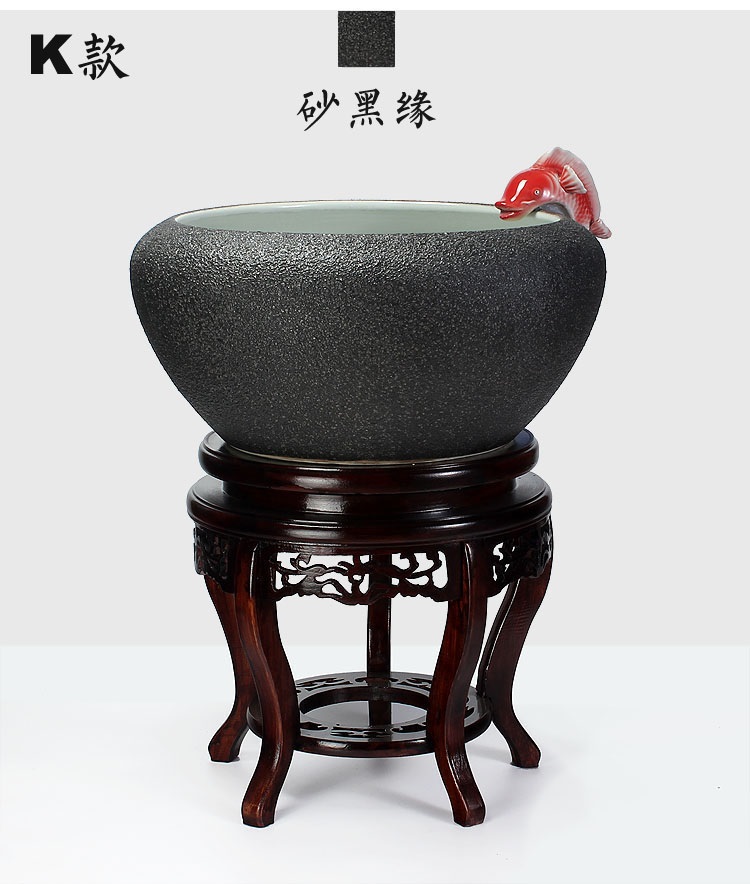 
                                        养荷花 水箱族包邮 景德镇陶瓷金鱼缸  手绘清荷过滤喷水风水乌龟缸 榆木底座风水摆件 D款                