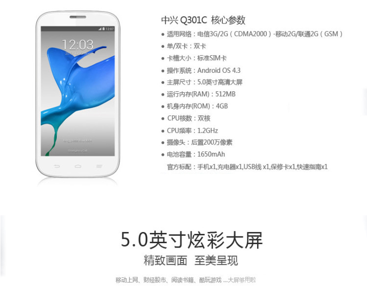 中兴 Q301C    电信3G手机（4G ROM） 白色
