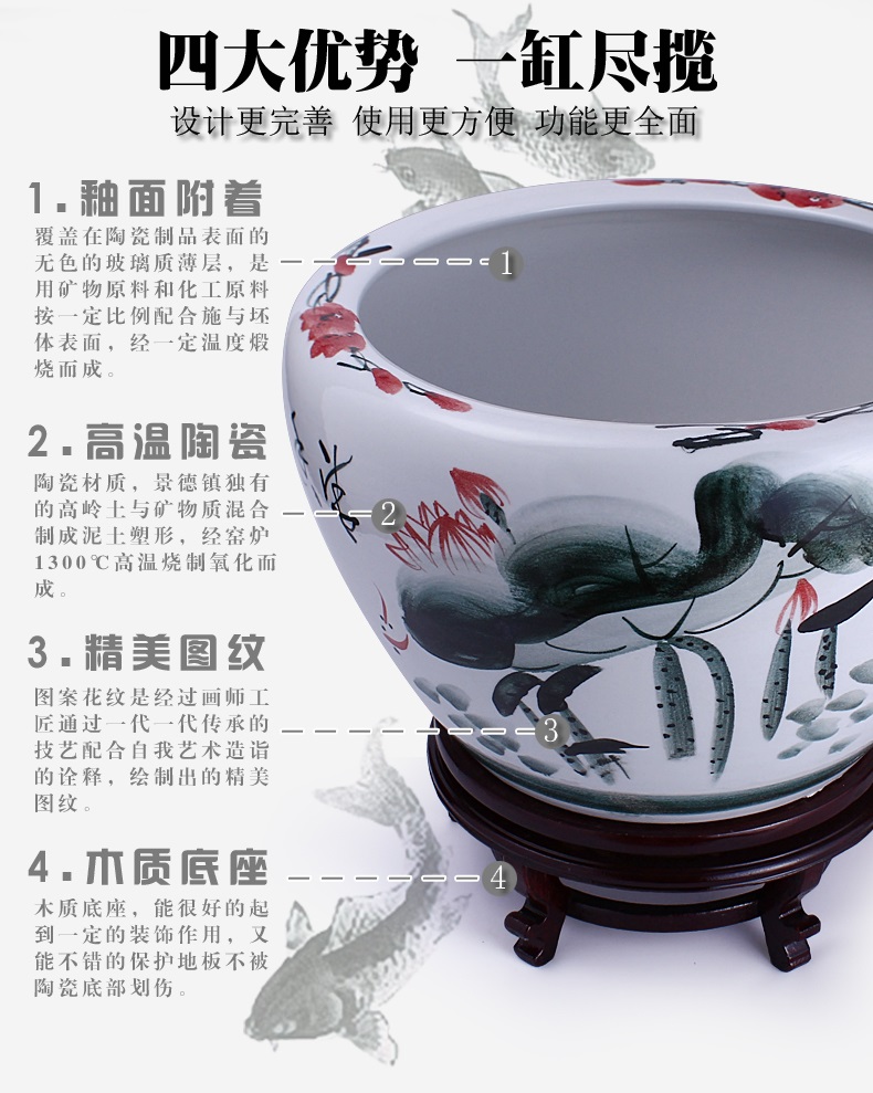 
                                        花盆水箱族陶瓷鱼缸包邮大号过滤喷泉景德镇乌龟缸金鱼缸 内外荷清香风水摆件 直径63cm高42cm                