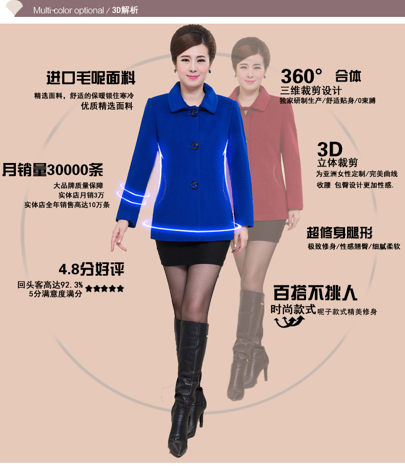 中老年毛呢外套女短款大码中年女装妈妈装羊毛呢大衣 8805高粱红 3XL码
