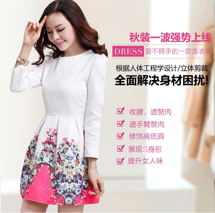 木子小虫 连衣裙2015新款秋冬女装时尚修身长袖简约印花中裙 红花草  M