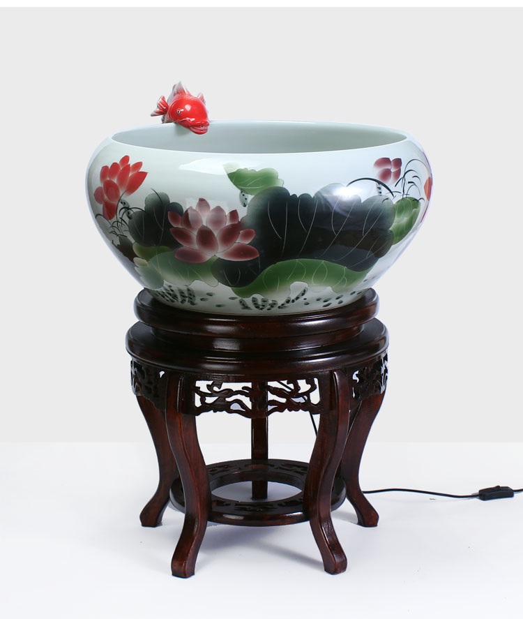 
                                        养荷花 水箱族包邮 景德镇陶瓷金鱼缸  手绘清荷过滤喷水风水乌龟缸 榆木底座风水摆件 D款                