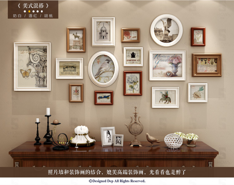 
                                        首玺 简欧餐厅照片墙地中海挂墙相框墙欧式小客厅创意相片墙W16 情迷地中海-蓝白框 整体尺寸170cmX78cm                