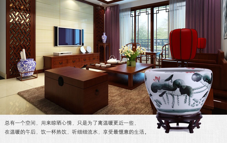 
                                        花盆水箱族陶瓷鱼缸包邮大号过滤喷泉景德镇乌龟缸金鱼缸 内外荷清香风水摆件 直径63cm高42cm                