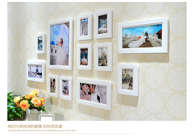 梓晨 轻奢实木卧室照片墙 欧式 浪漫婚纱照 相框墙 创意画框组合 白色
