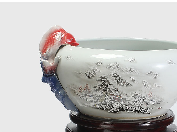 
                                        养荷花 水箱族包邮 景德镇陶瓷金鱼缸  手绘清荷过滤喷水风水乌龟缸 榆木底座风水摆件 D款                